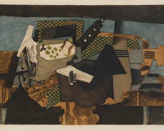 401 After Georges Braque (1882-1963) "Le guéridon noir" (The Black Pedestal Table), by Georges Visat Etching and aquatint in colors on wove paper An impression aside from the signed and numbered edition of 100 Appears unsigned and unnumbered; with the artist's and the printmaker's names etched in the blank of the plate directly below the image at lower right and left, respectively: G. Visat sculpt / G. Braque pinx; and with what is presumably the logo of Visat's printmaking studio, Paris, France, etched in the blank of the plate below the lower right corner of the image Plate: 13.875" H x 24" W; Sight: 14.125" H x 24.25" W Estimate: $400 - $600