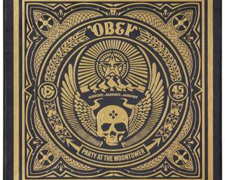 360 Shepard Fairey (b. 1970) "Party at the Moontower" LP Box Set, 2011 The complete set of 36 screenprints on cream Speckletone paper Edition: 19/150 Each of the 36 screenprints signed, dated, and numbered in pencil in the lower margin: Shepard Fairey 11; together with the signed, dated, and numbered certificate of authenticity/ title/colophon page, the CD in the faux vinyl record sleeve, the stencil, and the sheet of nine stickers; all loose; all housed within the original black paper-covered portfolio-box with the edition number and the gold embossed design and lettering; Obey Giant, Los Angeles, CA, pub. Image of each screenprint: 11.25" H x 11.25" W; Sheet of each screenprint: 12" H x 12" W Estimate: $1,200 - $1,800