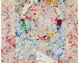 12 Sam Gilliam Jr (1933-2022) "New Moon," from the "Echo Press Tenth Anniversary Portfolio," 1991 Screenprint in colors with hand additions and collage on Arches paper From the edition of unknown but presumably small size Signed, titled, dated, and inscribed "VII," all in pencil along the lower sheet edge: Sam Gilliam 91; Echo Press, Bloomington, IN, pub., with what is presumably their oval blindstamp in the lower left sheet corner and with their work number, SG91-780, inscribed in pencil, verso Image/Sheet: 30" H x 22.25" W Estimate: $1,500 - $2,500