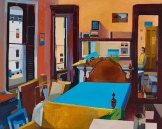 129 Steve Miller (b. 1951) Bedroom interior Oil on canvas Signed lower right: Steve Miller; signed again (twice) and inscribed with a Maryland address on the verso and the stretcher 56" H x 61" W Estimate: $1,000 - $2,000