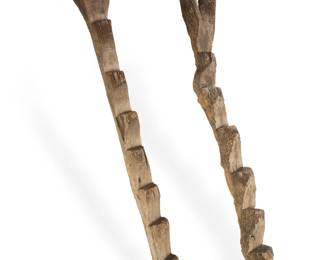 437 Two Dogon wood granary ladders 20th century Each with notched steps 2 pieces 74.5" H and 72.25" H Estimate: $400 - $600