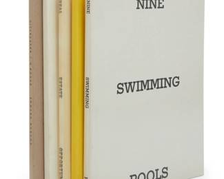 198 Ed Ruscha (b. 1937) Five softcover artist's books, 1970-2001 Five works:  Ruscha, Edward. "Real Estate Opportunities." Los Angeles: Edward Ruscha, 1970 First Edition of 4,000  Ruscha, Edward. "Colored People." Los Angeles: Edward Ruscha, 1972 From the edition of 4,000  Ruscha, Edward. "Nine Swimming Pools (and a Broken Glass)." Los Angeles: Edward Ruscha, 1976 Second Edition of 2,000  Ruscha, Edward. "Cityscapes O Books," New York: Leo Castelli Gallery, 1997 From the edition of 2,000  Ruscha, Edward. "S Books." Zurich: The Coutts Contemporary Arts Foundation, 2001 First Edition of 2,000  5 pieces Two larger: 8" H x 5.75" W; Three smaller: 7" H x 5.625" W Estimate: $800 - $1,200