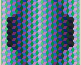 18 Victor Vasarely (1906-1997) "Kedd (Hexagone)," 1984-1985 Screenprint in colors on wove paper Edition: 95/250 Signed and numbered in pencil in the lower margin: Vasarely Image: 25.625" H x 19.75" W; Sight: 26.625" H x 20.25" W Estimate: $800 - $1,200