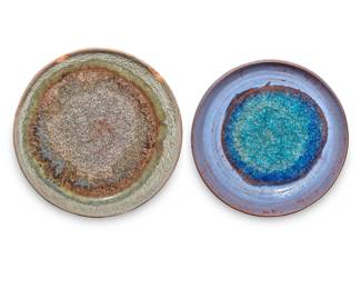 217 Beatrice Wood (1893-1998) Two glazed earthenware plates; mid-20th century Each signed to underside: BEATO 2 pieces Larger: 1" H x 7" Dia.; Smaller: 1.125" H x 6" Dia. Estimate: $800 - $1,200