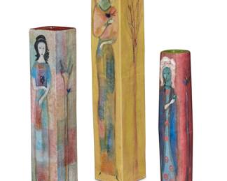 69 Polia Pillin (1909-1992) Three square bodied glazed ceramic vases, mid-20th century Each signed to underside: Pillin Each depicting a lady and a tree with a perched bird 3 pieces Tallest: 20.25" H x 3.625" W x 3.625" D; Shortest: 13.25" H x 2.375" W x 2.375" D Estimate: $600 - $800