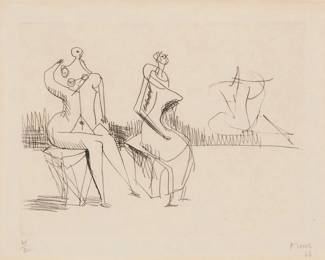 375 Henry Moore (1898-1986) "Two Seated Figures II," 1966 Etching and drypoint on Japon nacré Edition: 45/50 (there were also 10 artist's proofs) Signed, dated, and numbered in pencil in the lower margin: Moore / 66; Frélaut and Lacourière, Paris, France, prntr.; Gérald Cramer, Geneva, Switzerland, pub. Plate: 8" H x 9.5" W; Sight: 8.125" H x 10.25" W Estimate: $600 - $800