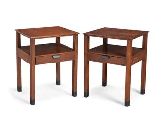 295 Edward Wormley (1907-1995) A pair of nightstands model 5363 for Dunbar, mid-20th century Each drawer interior with metal tag: DUNBAR / BERNE INDIANA Each with enameled metal drawer pull and sabots 2 pieces Each: 25.25" H x 19" W x 17.5" D Estimate: $1,000 - $1,500