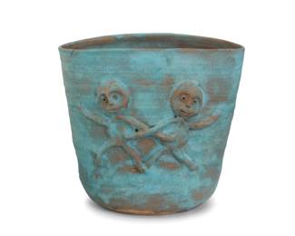 218 Beatrice Wood (1893-1998) A glazed earthenware bowl, mid-20th century Signed to underside: BEATO; later numbered, likely in another hand: 282 Each side with two figures in relief 6.125" H x 6.875" W x 5.25" D Estimate: $600 - $800