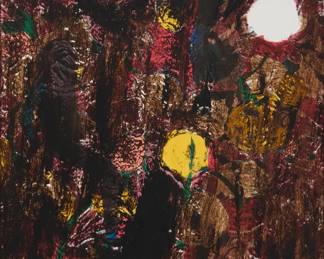 131 Aaron Wrinkle (b. 1978) "In Bloom," 2016-17 Oil and mixed media on canvas Signed with initials, titled, and dated, all in green colored pencil on the stretcher: AW 16-17; inscribed on the canvas overlap: "Preliminary Tar Work" 24" H x 18" W Estimate: $800 - $1,200