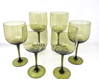-Set of 6 Green Wine Goblets Stemware Glasses Olive Smoke Tint 8.25" Tall