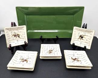 Williams Sonoma & World Market Green Serving Tray w/ 8 Olive Oil Appetizer Plates Portugal