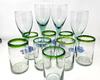 Handblown Glass Set 12 Pc Green Rim Tumblers & Blue Stem Wine Goblets Mexico Style