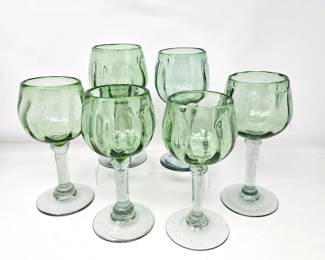 Set of 6 Hand Blown Green Glass Stemmed Goblets Bubble Glass Wine Water Glasses