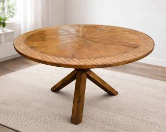 Round Solid YEW Wood & Pine Pedestal Table 42" – Sunburst Plank Top w/ Carved Border Ring