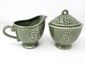 Cracker Barrel Christmas Tree Embossed Green Ceramic Sugar Bowl & Creamer Set