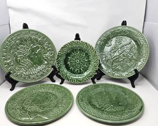 Set of 5 Two’s Company Green Majolica Style Embossed Plates 10.5" & 8" Botanical