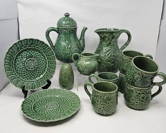 -Pier 1 Imports Green Majolica Style Tea Coffee Set Plates Mugs Pitcher Teapot