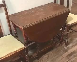 Antique English Barley Twist Style Oak Drop Leaf Gate Leg Dining Table  2 Matching Chairs