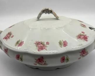 Antique Carlsbad Bohemia Covered Vegetable Tureen Pink Roses Gold Trim Victoria Porcelain