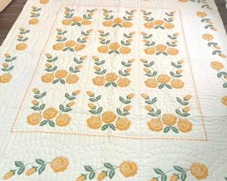 Vintage Hand Embroidery Quilt With Yellow Roses