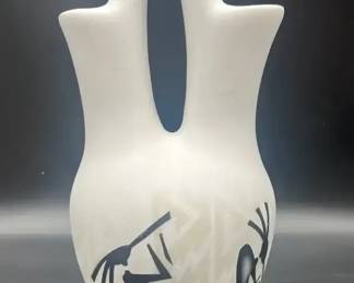 Signed Hozoni Navajo pottery Ancient Shadows wedding vase, specifically the Kokopelli Parade 
