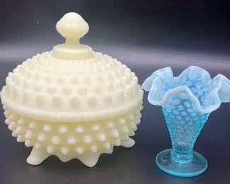 Vintage Fenton Milk Glass Hobnail Jelly Server  Milk Glass Fluted Vase
