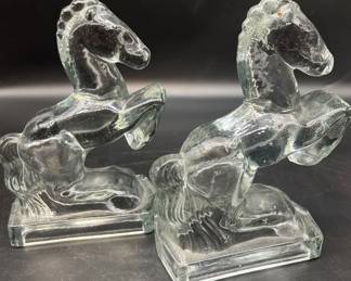 Vintage MidCentury Glass Book Ends Rearing Horses