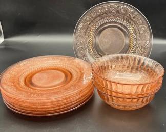 Vintage KIG Indonesia pink depression glass dinner plates and bowls in the Trellis Pink pattern