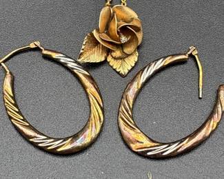 14 K Gold Filled Rose Necklace And 14k Gold Plated Hoop Earrings