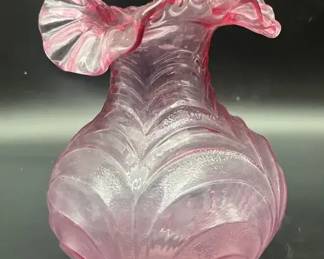 Signed Fenton Large, Scalloped Edge, PinkCranberry Vase