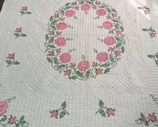 Vintage Hand Embroidered Quilt W Pink Roses