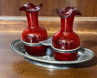 ANTIQUE RUBY RED CRACKLE GLASS CRUET SET