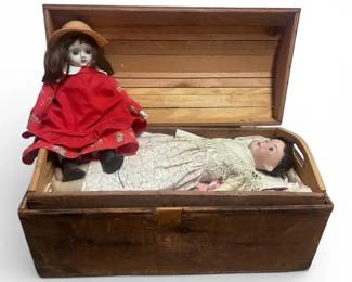 Two Vintage Dolls  Wooden Doll Storage Container