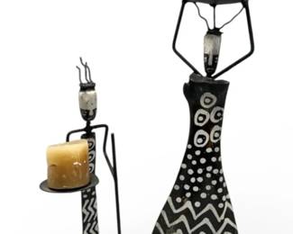 African Folk Art Metal  Wood Candle Holders