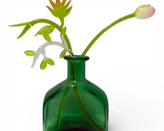 Green Glass Vase w Art Glass Flower Bud  Vines