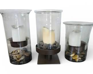 3 Large Glass Candle Hurricane Lamps With Stones