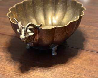 Brass jardiniere centerpiece bowl with Ram's head handles