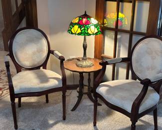 Louis XBI style armchair, Tiffany style table lamp 