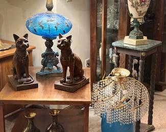 Egyptian revival style ,cat goddess Baset (pair), pair of MCM end tables 