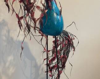 Peacock, gourd body sculpture, metal legs