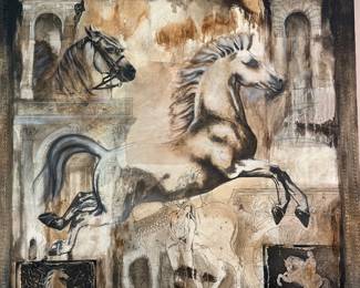 Leather handpainted tapestry 55" W x 58" T signed Susan Hartenhoff 