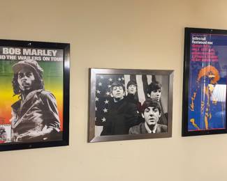 Beatles framed photograph, Jethro Tull & Bob Marly framed poster, 