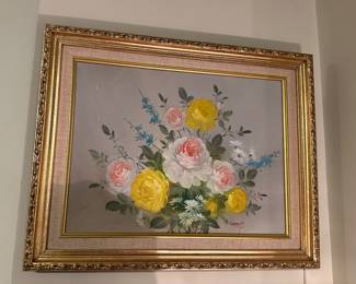 Vintage floral still oil painting by Roberts