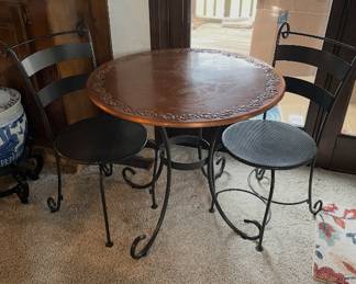 Copper top round patio table and 2 chairs 