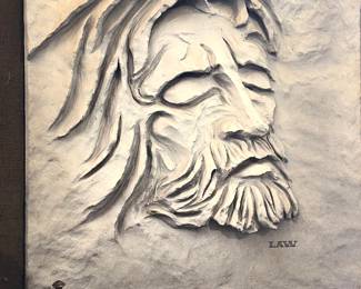 Bass relief , plaster or clay , signed Law of Jesus  2' x 2'