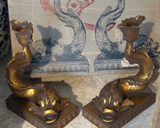 Vintage Koi fish, brass candlestick holders  