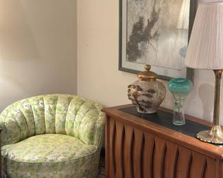 Swivel barrel chair scalloped back Acanthus pattern 