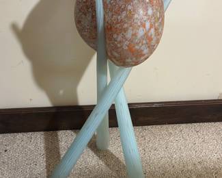Art glass sculpture, signed by Drew Smith , orb resting on 3 glass legs  33" T