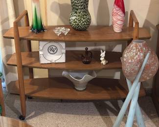  MCM 3 tier trolley bookcase/bar cart  Ercol Elmwood & Beech  baby giraffe model, art glass 
