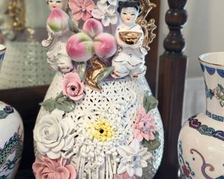 Asian style porcelain vase with intricate floral decorations 